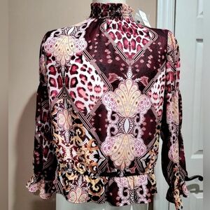 NWT Ny&Company Paisley Print Chiffon Smocked High Neck Top Size Large